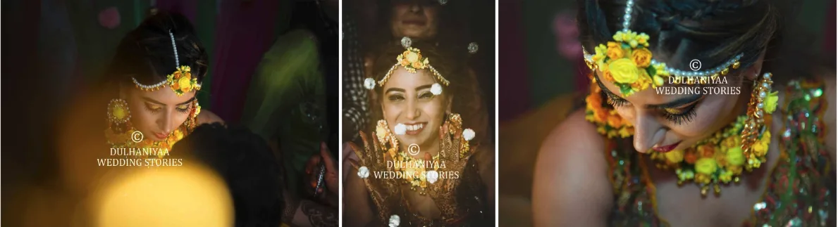 Three close-ups of a bride with floral jewellery in warm evening light