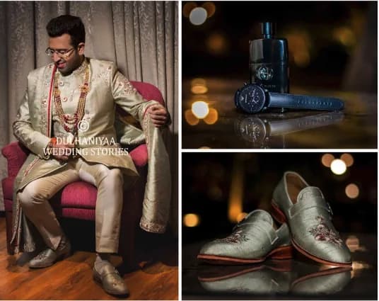 Groom in a gold sherwani with close-ups of his watch, fragrance and shoes