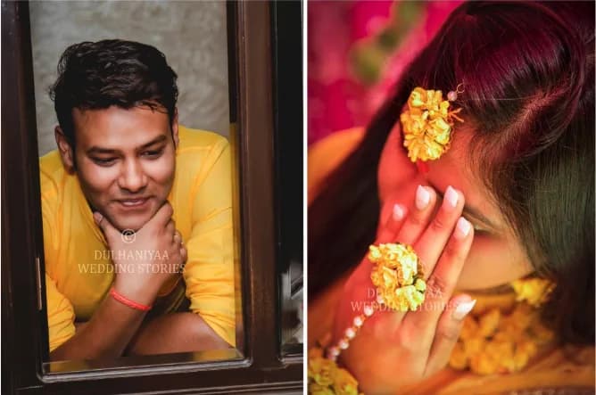 Groom smiling through a window frame and a bride's hand with floral haldi jewellery
